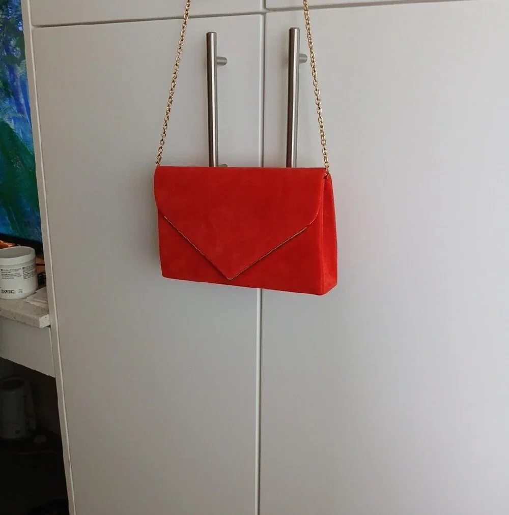 Red Orange Suede Envelope Clutch with Gold Chain Strap